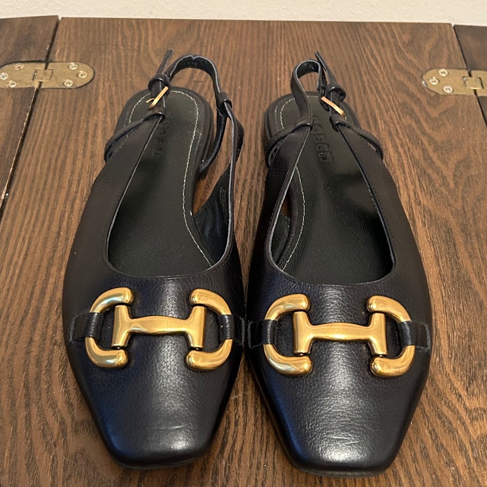 Boden Black Leather Iris Snaffle Slingback Flats Horsebit Gold‎ Size 39/8.5
